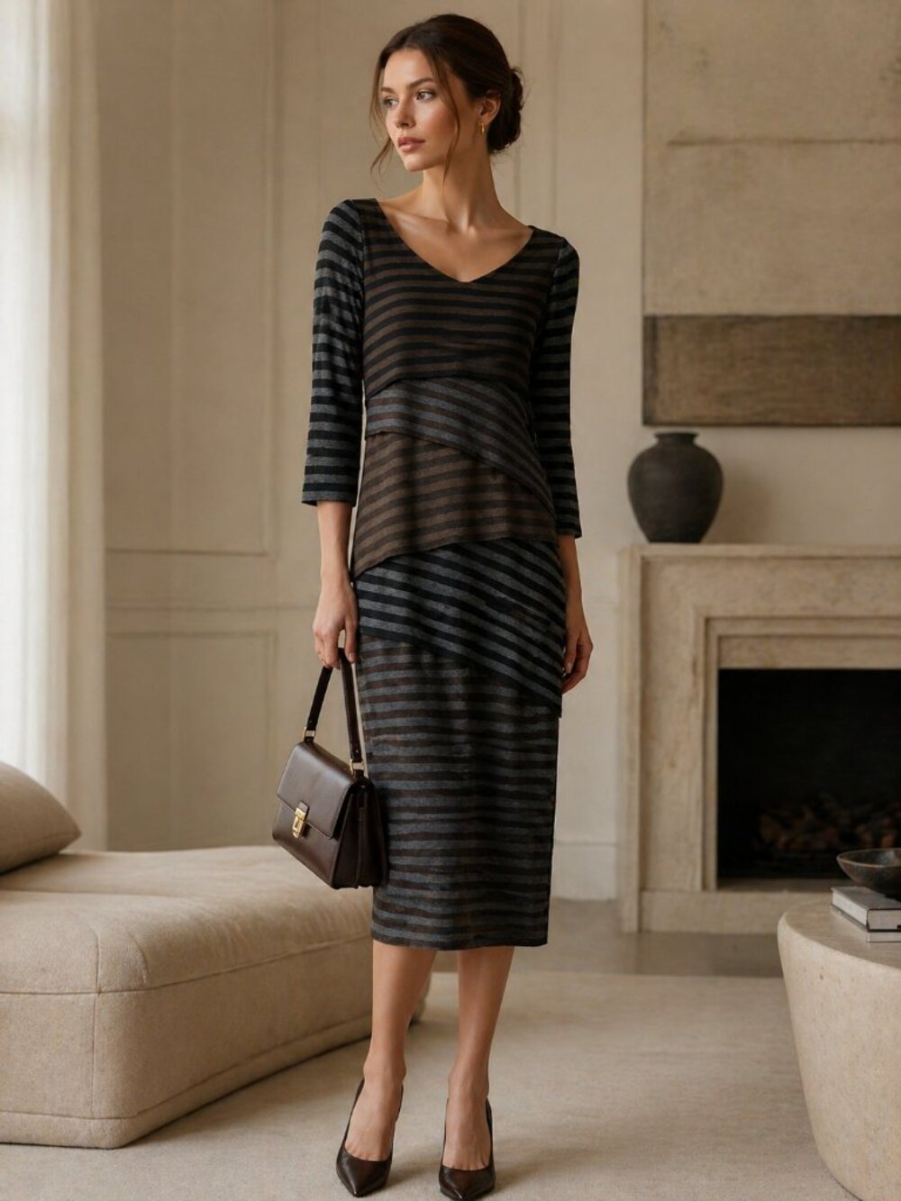Joseph ribkoff quiet luxury striped asymmetrical tiered rumba mob wife dress